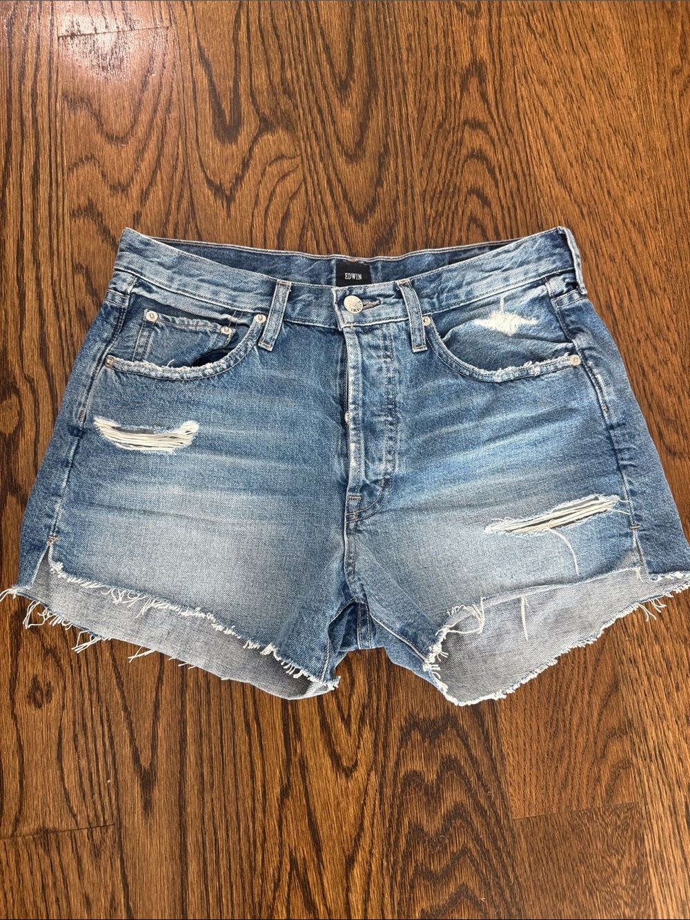 Edwin Distressed Light Blue Denim Cutoff Shorts